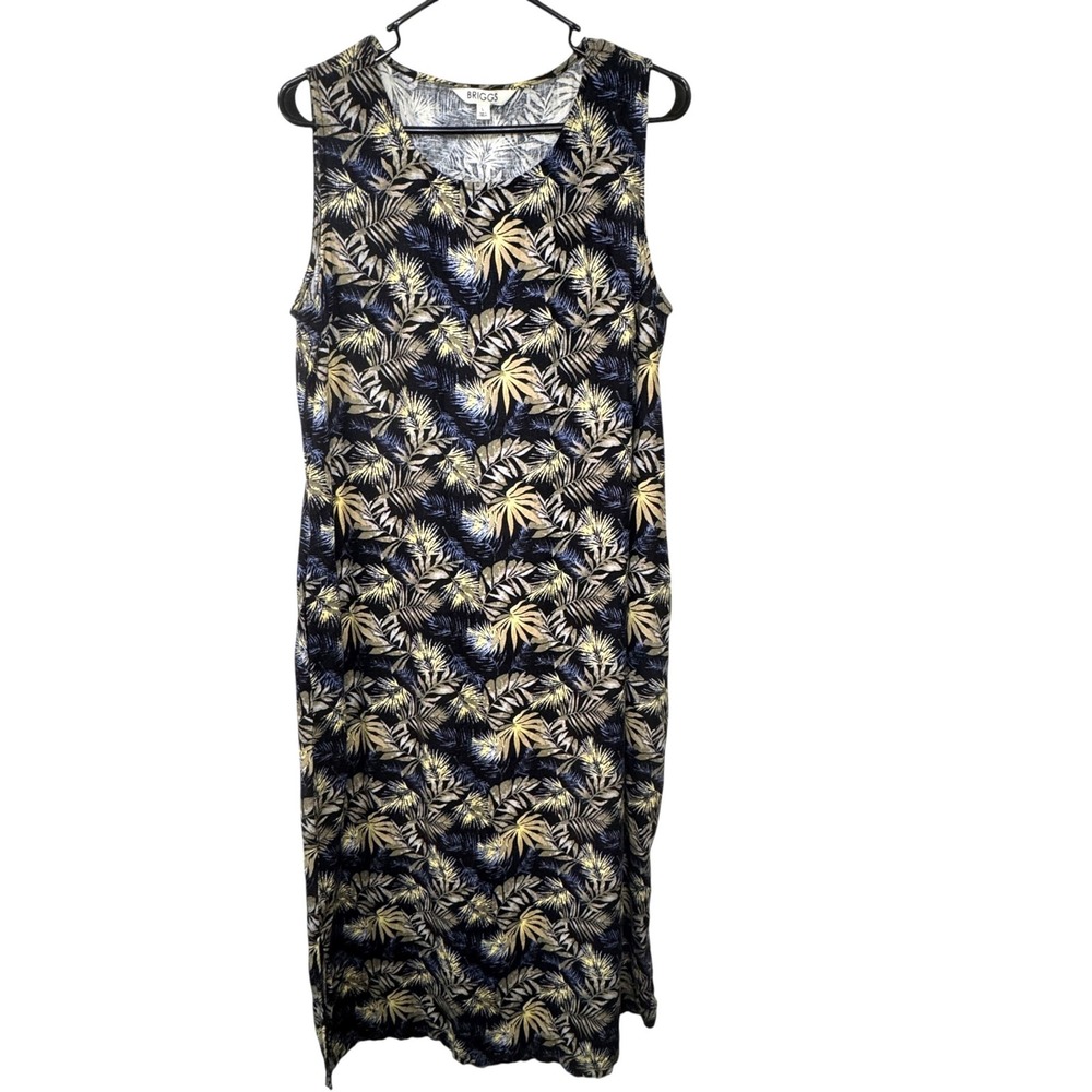 Briggs Tropical Palm Black Linen Midi Dress Womens Large Sleeveless Pockets Boho